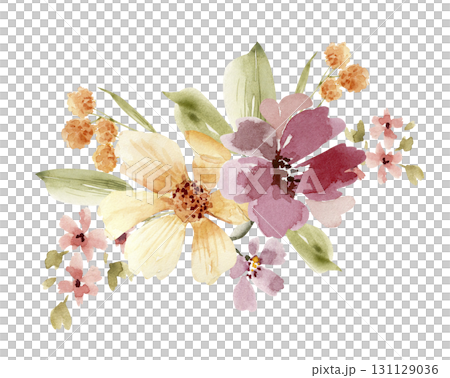 Bouquet of delicate flowers and plants,  hand drawn watercolor illustration 131129036