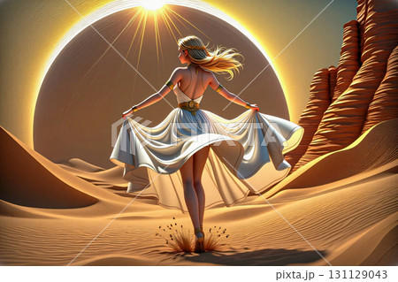 Woman in white dress in desert with solar eclipse. A woman stands in a desert landscape, her white dress flowing in the wind. 131129043