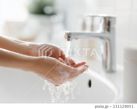 Hands rinsing under clean running water in bathroom sink 131129051
