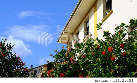 A vibrant, low-angle shot of a building with bright, yellow siding and a sloped roof. 131129181