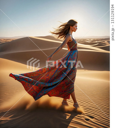 Woman in flowing dress walks across desert dunes under sunny sky. A woman in a colorful, flowing dress walks across expansive sand dunes, her hair gently blowing in the wind. Woman in flowing dress walks across desert dunes under sunny sky. A woman in a colorful, flowing dress walks across expansive sand dunes, her hair gently blowing in the wind. 131129194
