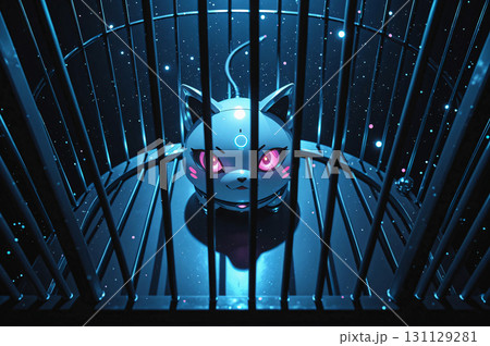 Cyberpunk cat in cage. A futuristic cat with a robotic appearance, featuring glowing pink eyes and sleek metallic body, is confined within a cage. 131129281