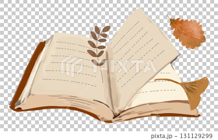 開いた本と落ち葉（読書の秋） 131129299