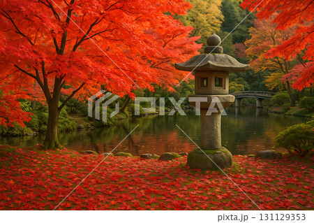 真っ赤に染まる紅葉と石灯籠 131129353