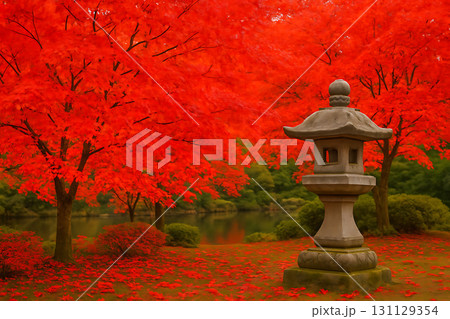 池と橋を望む日本庭園の紅葉風景と石灯籠 131129354