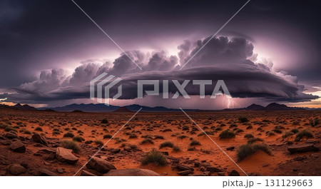 Dramatic Thunderstorm Over Desert Landscape - Ai Generated Dramatic Thunderstorm Over Desert Landscape - Ai Generated 131129663