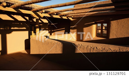 Interior of a Traditional Adobe Building With Wooden Beams - Ai Generated 131129701
