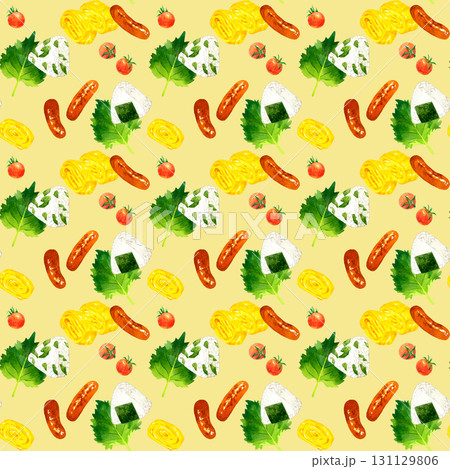 定番お弁当のおにぎり＆おかずのシームレスパターン　手描き水彩イラスト背景素材 131129806