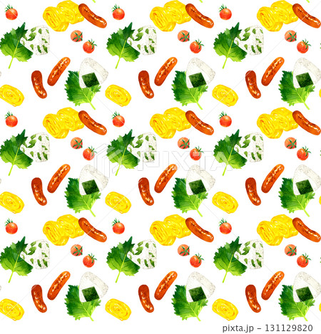 定番お弁当のおにぎり＆おかずのシームレスパターン　手描き水彩イラスト背景素材 131129820