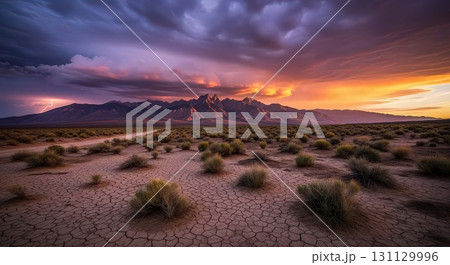 Dramatic desert sunset landscape- generative ai 131129996