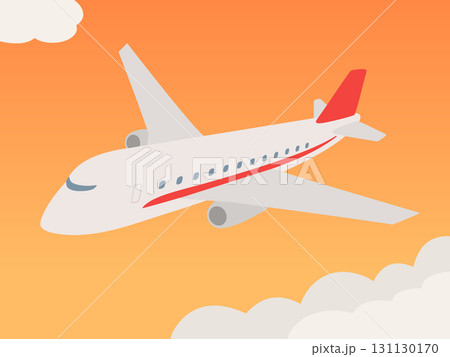 夕焼け空を行くジャンボジェット機 飛んでいる飛行機の風景イラスト 131130170