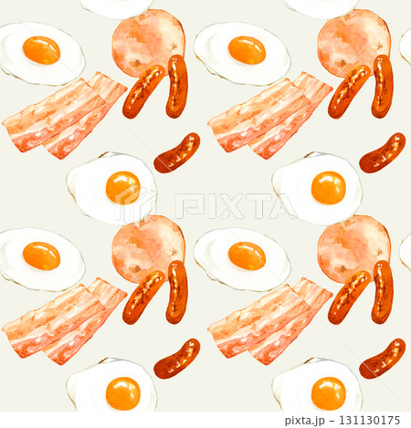 焼いた食肉加工品と目玉焼きのシームレスパターン　手描き水彩イラスト背景素材 131130175