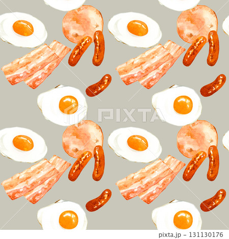 焼いた食肉加工品と目玉焼きのシームレスパターン　手描き水彩イラスト背景素材 131130176