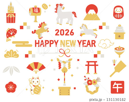 2026年の午年の年賀状に使える金・銀・赤色を主に使用した素材のイラストのセット 131130182