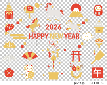 2026年の午年の年賀状に使える金・銀・赤色を主に使用した素材のイラストのセット 131130182