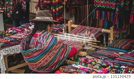 Woman Weaving Colorful Textiles at a Market Ai Generated 131130429
