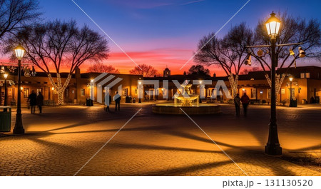Sunset Over a Charming Plaza With Fountain and Street Lamps - Generative Ai 131130520