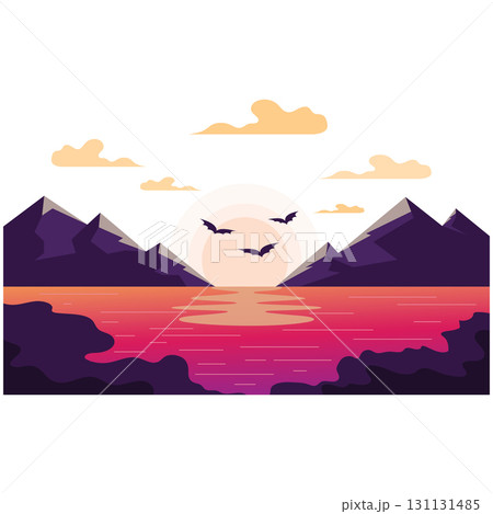 landscape illustration natural scenery background with hills,sky,moon,clouds,sun pine lake 131131485