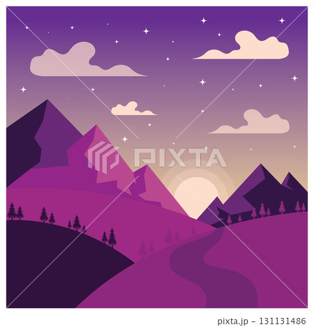 landscape illustration natural scenery background with hills,sky,moon,clouds,sun pine lake 131131486