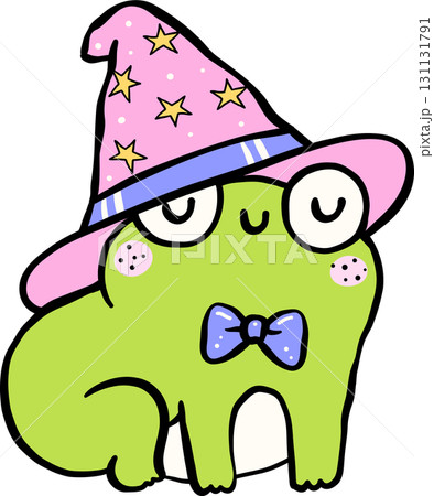 Halloween Cartoon Frog Wearing Wizard Hat Illustration Hand Drawn 131131791