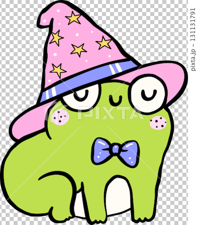 Halloween Cartoon Frog Wearing Wizard Hat Illustration Hand Drawn 131131791