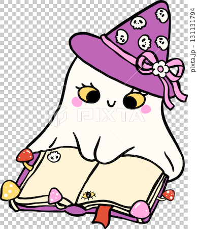 Halloween Bookish Reading Spooky Cute Ghost Reading Spellbook Illustration Hand Drawn 131131794