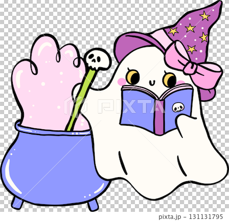 Halloween Bookish Reading Spooky Cute Ghost Reading a Book with Cauldron Hand Drawn Halloween Bookish Reading Spooky Cute Ghost Reading a Book with Cauldron Hand Drawn 131131795
