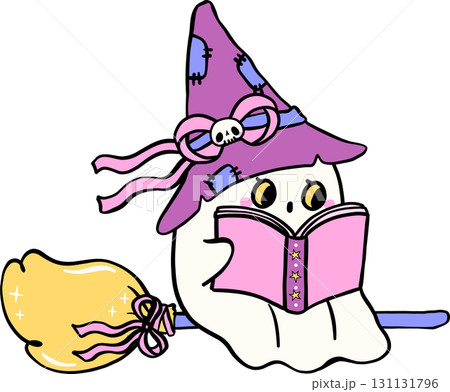 Halloween Bookish Reading Spooky Cute Ghost Reading Book on Broomstick Hand Drawn Halloween Bookish Reading Spooky Cute Ghost Reading Book on Broomstick Hand Drawn 131131796