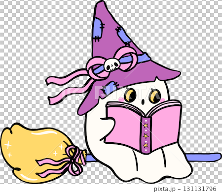 Halloween Bookish Reading Spooky Cute Ghost Reading Book on Broomstick Hand Drawn Halloween Bookish Reading Spooky Cute Ghost Reading Book on Broomstick Hand Drawn 131131796