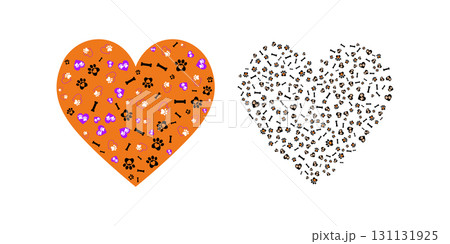 Heart shaped design filled with pet paw prints and bones, perfect for animal lovers. Heart shaped design filled with pet paw prints and bones, perfect for animal lovers. 131131925