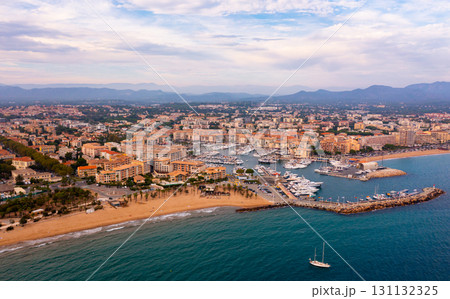 Aerial view of coastal area of Frejus overlooking marina, France 131132325