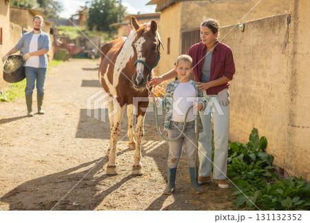 Woman and boy lead horse to feed 131132352