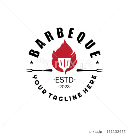Simple Barbecue Vintage hot grill, with crossed flames and spatula. Logo for restaurant, badge, cafe and bar.vector Simple Barbecue Vintage hot grill, with crossed flames and spatula. Logo for restaurant, badge, cafe and bar.vector 131132455