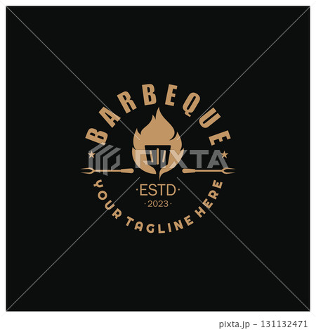 Simple Barbecue Vintage hot grill, with crossed flames and spatula. Logo for restaurant, badge, cafe and bar.vector Simple Barbecue Vintage hot grill, with crossed flames and spatula. Logo for restaurant, badge, cafe and bar.vector 131132471