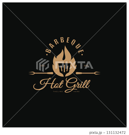 Simple Barbecue Vintage hot grill, with crossed flames and spatula. Logo for restaurant, badge, cafe and bar.vector 131132472