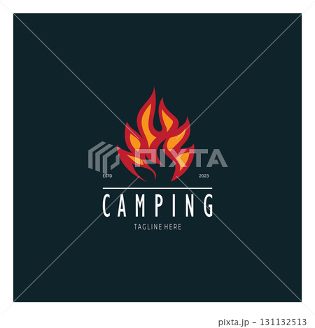 vintage and retro tent logo, camping. With tent, tree and bonfire sign. adventurers, scouts, climbers, camping equipment center 131132513