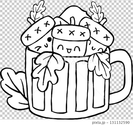 Fall Reading Autumn Bookish Outline, Cute Acorns in Mug Black and White Illustration 131132590