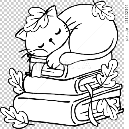 Fall Reading Autumn Bookish Outline, Sleeping Cat on Stack of Books Illustration 131132592
