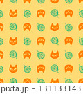 Seamless pattern featuring orange cat faces with green yarn on a cheerful yellow background. Perfect for kids fabric, wallpaper, wrapping paper, packaging, and fun playful surface projects. 131133143