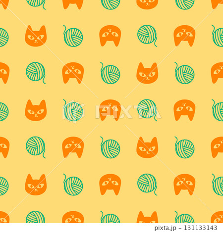 Seamless pattern featuring orange cat faces with green yarn on a cheerful yellow background. Perfect for kids fabric, wallpaper, wrapping paper, packaging, and fun playful surface projects. Seamless pattern featuring orange cat faces with green yarn on a cheerful yellow background. Perfect for kids fabric, wallpaper, wrapping paper, packaging, and fun playful surface projects. 131133143