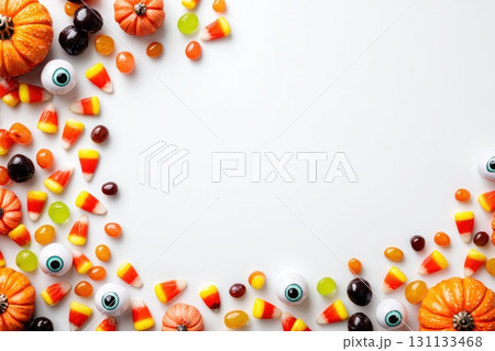 Halloween Flat Lay with Candy Corn, Chocolate Eyeballs, and Mini Pumpkins Halloween Flat Lay with Candy Corn, Chocolate Eyeballs, and Mini Pumpkins 131133468