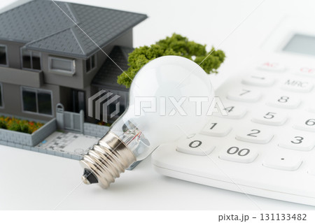 ミニチュアの一戸建ての家と電球と電卓のクローズアップ 131133482