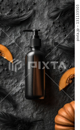 Dark Pump Bottle Mockup on Stone with Feathers and Pumpkin Slices 131133503