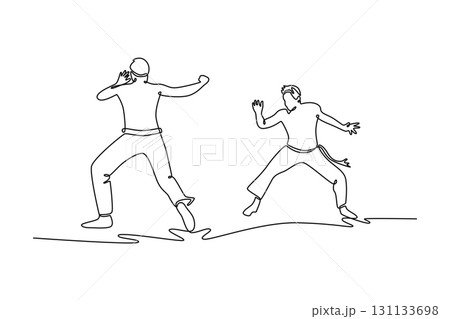Continuous one line drawing two figures engaged in the jinga, the foundational motion of Capoeira, showcasing their readiness to move and interact. Single line draw design vector graphic illustration 131133698
