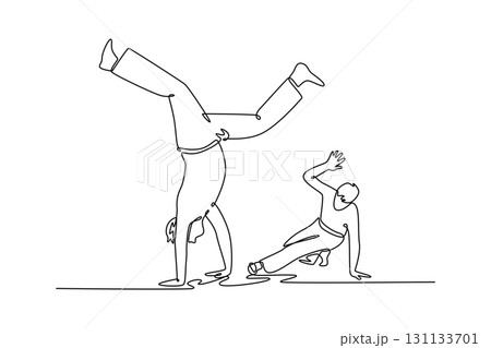 Single continuous line drawing two figures in dynamic Capoeira partnership, with one in an inverted handstand and the other in a low, graceful crouch. One line draw graphic design vector illustration Single continuous line drawing two figures in dynamic Capoeira partnership, with one in an inverted handstand and the other in a low, graceful crouch. One line draw graphic design vector illustration 131133701