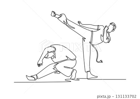 Single continuous line drawing two figures in a Capoeira exchange, with one executing a high kick and the other ducking away in a low, graceful stance. One line draw graphic design vector illustration 131133702