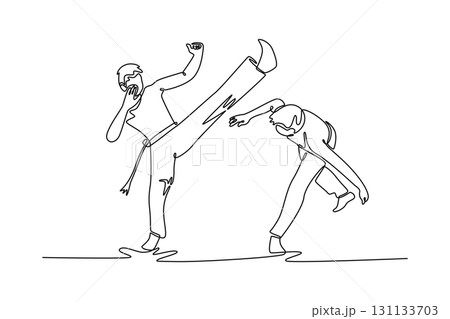 Single continuous line drawing dynamic Capoeira exchange, with one person delivering powerful high kick and the other figure gracefully evading motion. One line draw graphic design vector illustration Single continuous line drawing dynamic Capoeira exchange, with one person delivering powerful high kick and the other figure gracefully evading motion. One line draw graphic design vector illustration 131133703