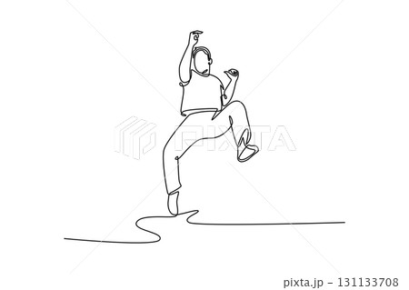 Single one line drawing man mid-jump, executing energetic Capoeira move with one leg raised, conveying sense of celebration and powerful motion. Continuous line draw design graphic vector illustration Single one line drawing man mid-jump, executing energetic Capoeira move with one leg raised, conveying sense of celebration and powerful motion. Continuous line draw design graphic vector illustration 131133708