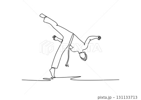 Single one line drawing active male in a dynamic Capoeira pose, highlighting the fluidity, acrobatics, and power of martial arts dance. Modern continuous line draw design graphic vector illustration 131133713