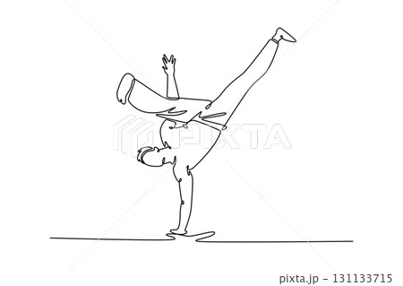 Continuous one line drawing man athlete in dynamic handstand, balancing on one hand with bent knees in fluid Capoeira pose that emphasizes strength. Single line draw design vector graphic illustration 131133715